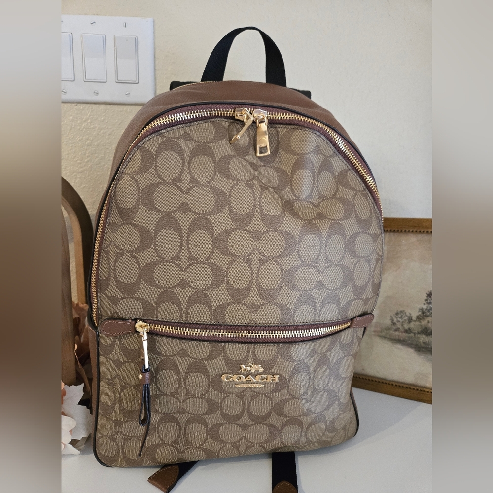 New Large Coach Backpack Brown Tan Logo Leather